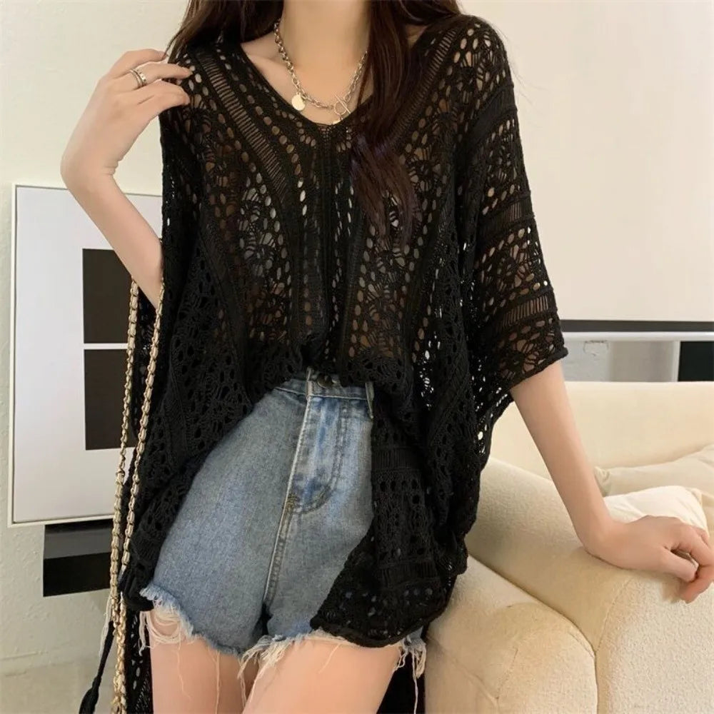 Leisure Oversized Hollow Out Swimsuit Cover Up V-neck Loose Knitted Bikini Cover Up Bohemian Style Mesh Beach Wear Summer