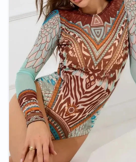 New Women's Fashionable and Sexy Printed Long Sleeved Swimsuit with Cup Cover Sun Protection Mesh Fabric One-piece Swimsuit