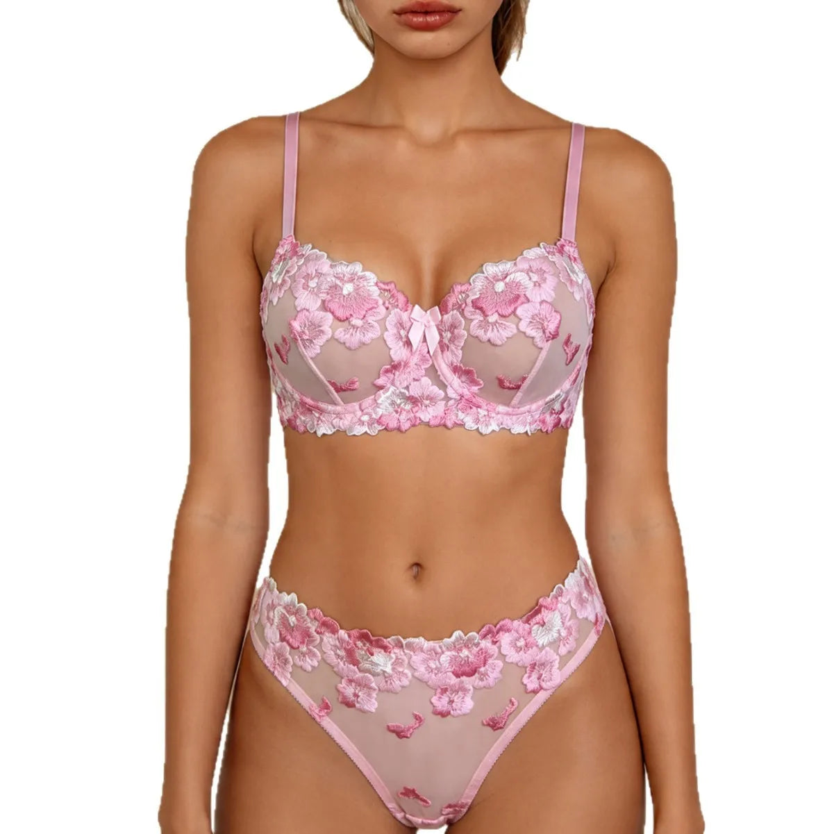 Pink Floral Lace Lingerie Set for Women Embroidered Mesh Bra & Panty Set Sexy Underwear with Sheer Design