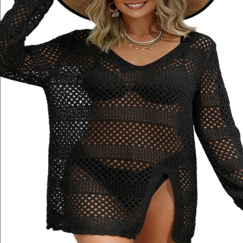 Women'S Swimsuit Cover Up Crochet Bathing Suit Mesh Swimwear Knit Pullover Beach Dress