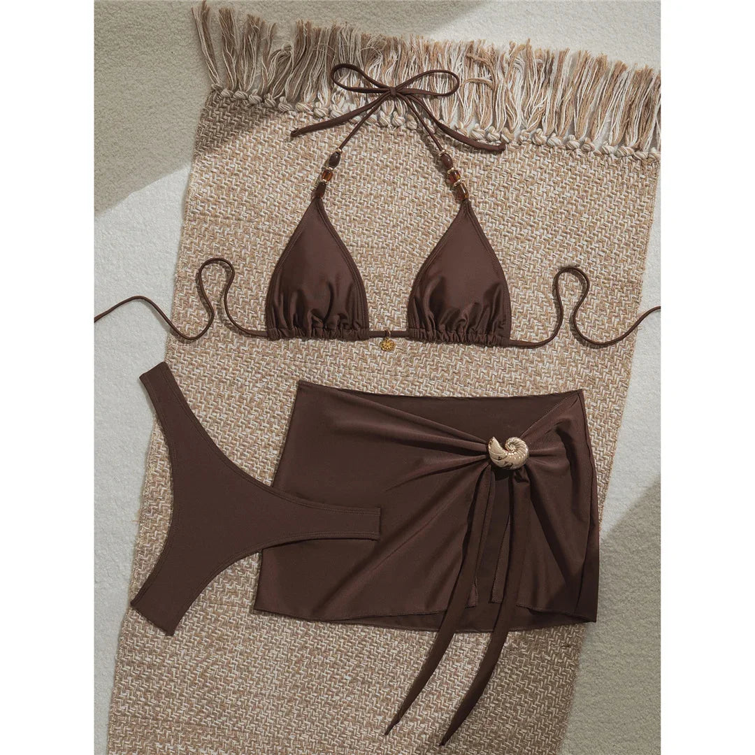 With Skirt Halter Bikini Women Swimwear Female Swimsuit Brazilian Padded Bather Bathing Suit Swim Three-pieces Bikini set