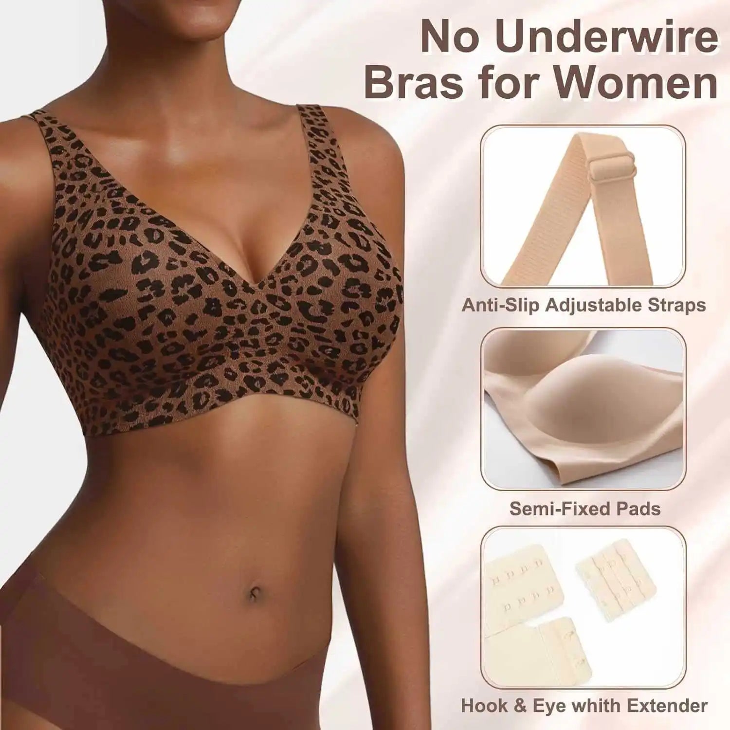 Wireless Seamless Leopard Bra Women's Full Coverage Thin Cup with Soft Support Breathable Fabric Comfortable Plus Size Fit
