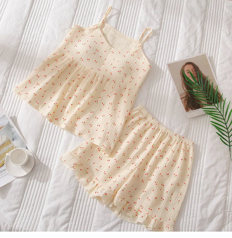 2026Women's Summer Cotton Sleepwear Sets Girl's Camisole Vest with Chest Cushion Shorts Cute Floral Two-piece Home Suit Set 2PCS