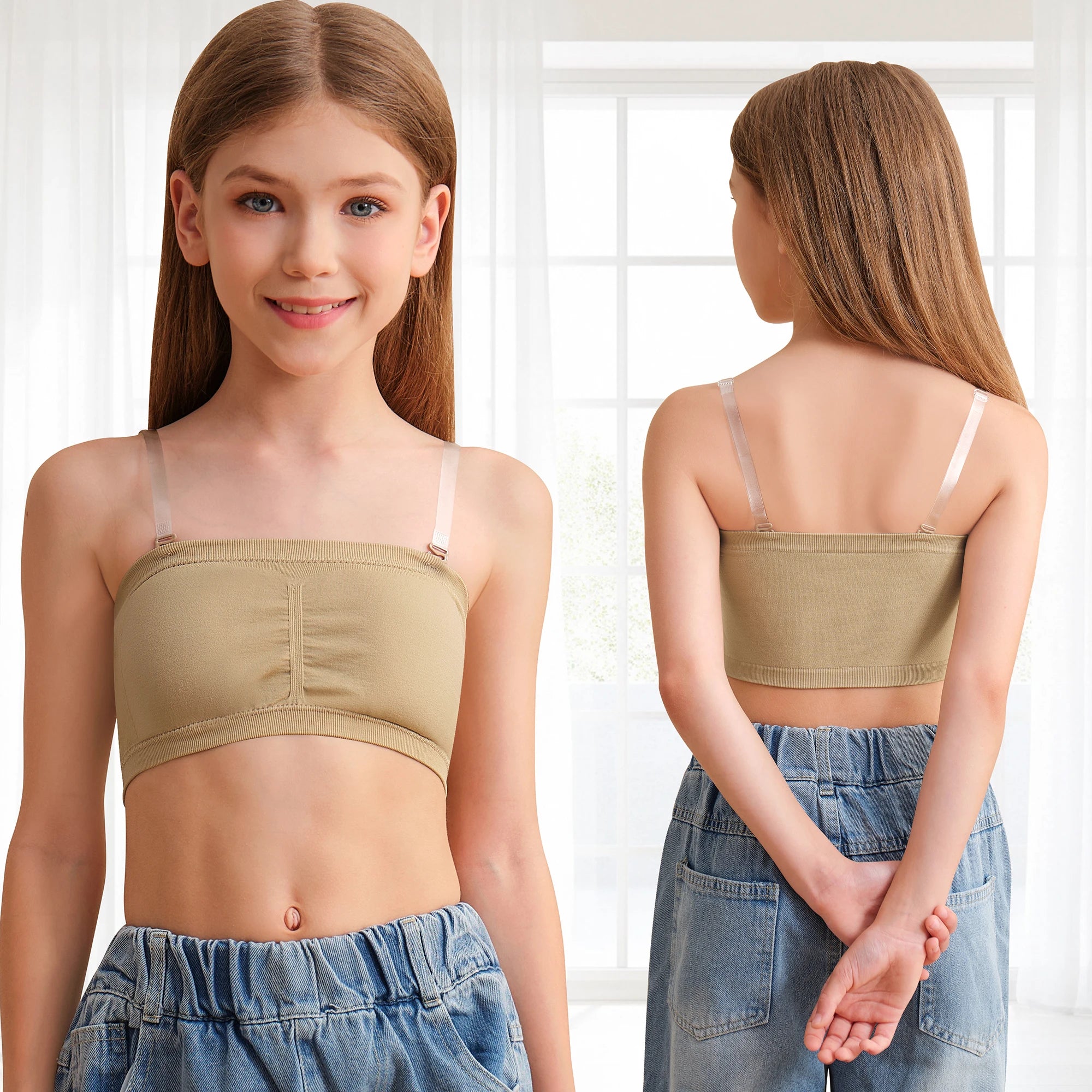 Girl Ballet Dance Bras Seamless Wireless Elastic Bras Adjustable Replace Clear Straps Removable Sponge/Silicone Chest Padding ﻿