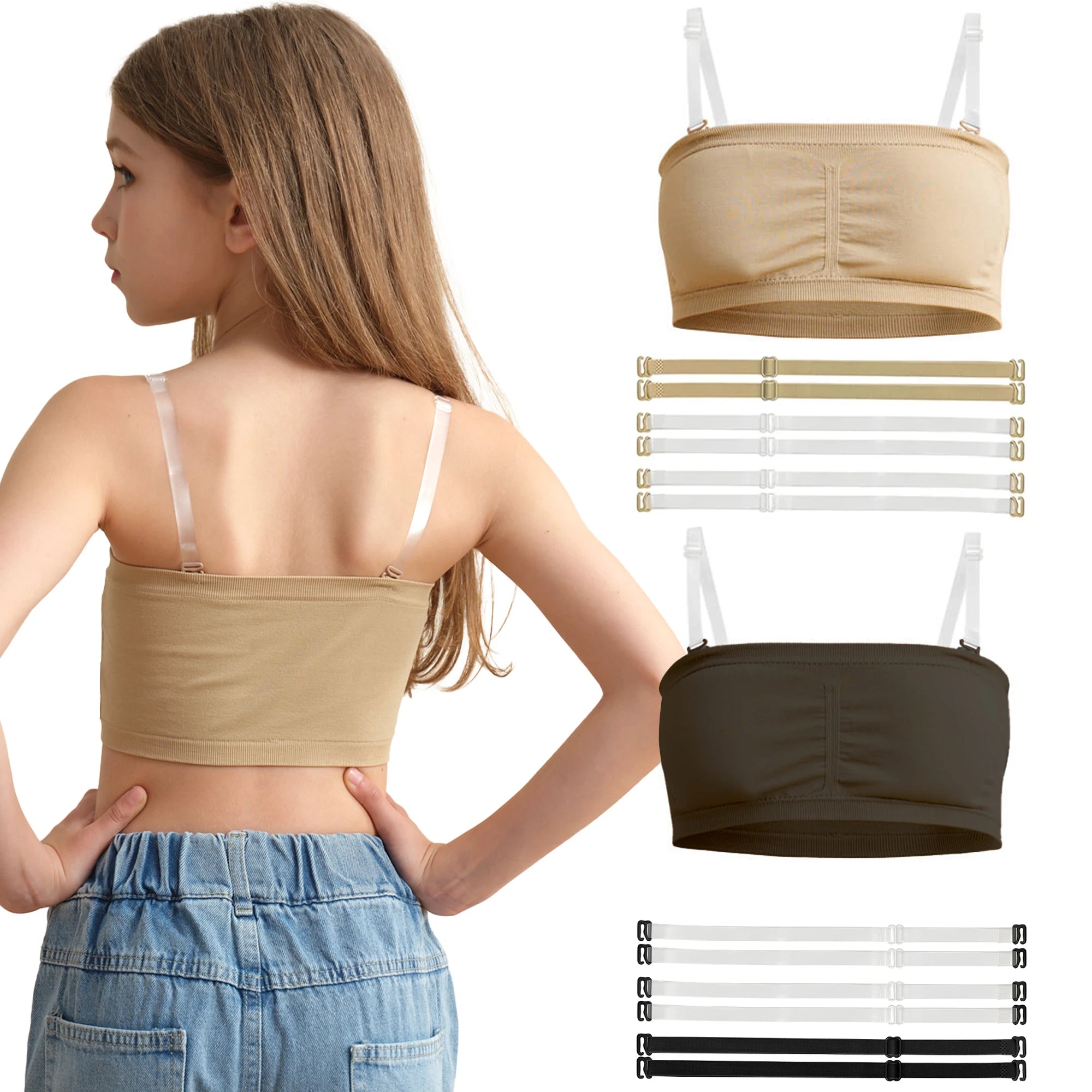 Girls Ballet Seamless Bra Gymnastics Sports  Wireless Elastic Bras 2 Pairs of Adjustable Replace Clear Straps Chest Padding