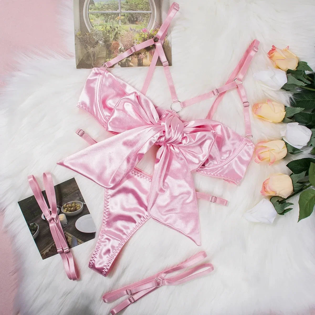 Hot Sexy Lingerie Women's Erotic Lace Satin Sexy Bodysuit Women's Bow Sleepwear Sexy Bra Panties Set Babydoll Exotic Pajamas