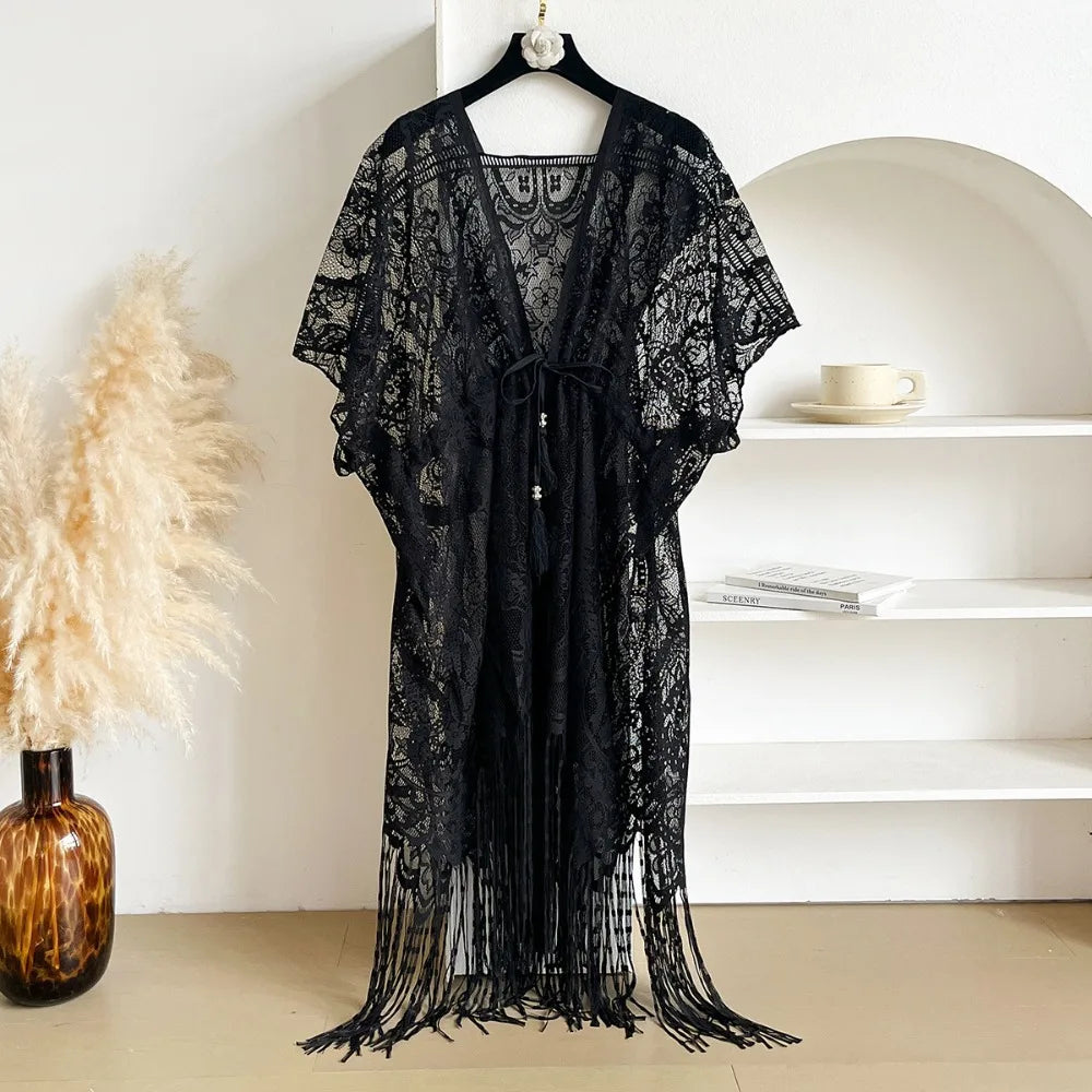 Fashion Lace Mesh Sunscreen Beach Cover Up Floral Tassel Bohemian Shawl Plus Size Transparent Swimsuit Cover Up Women