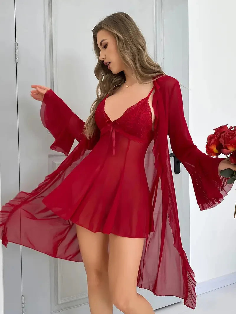 Women Sexy Robe Lingerie Set Lace V-neck Cami Dress with Transparent Mesh Night Gown Robe Nightwear Female Leisure Sleepwear