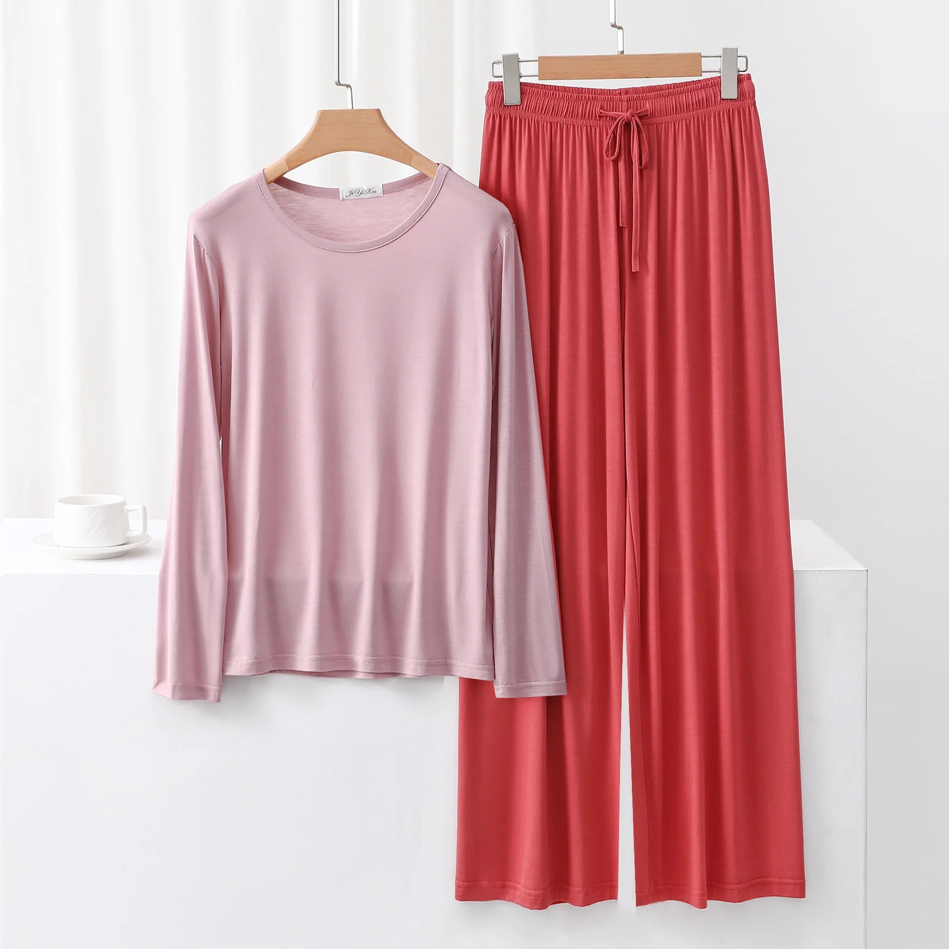 Modal Pajama Sets 2 Piece O-Neck Long sleeved Tshirt and Wide Leg Pant Ankle Length Loose sleepwear set Comfort homewear suits