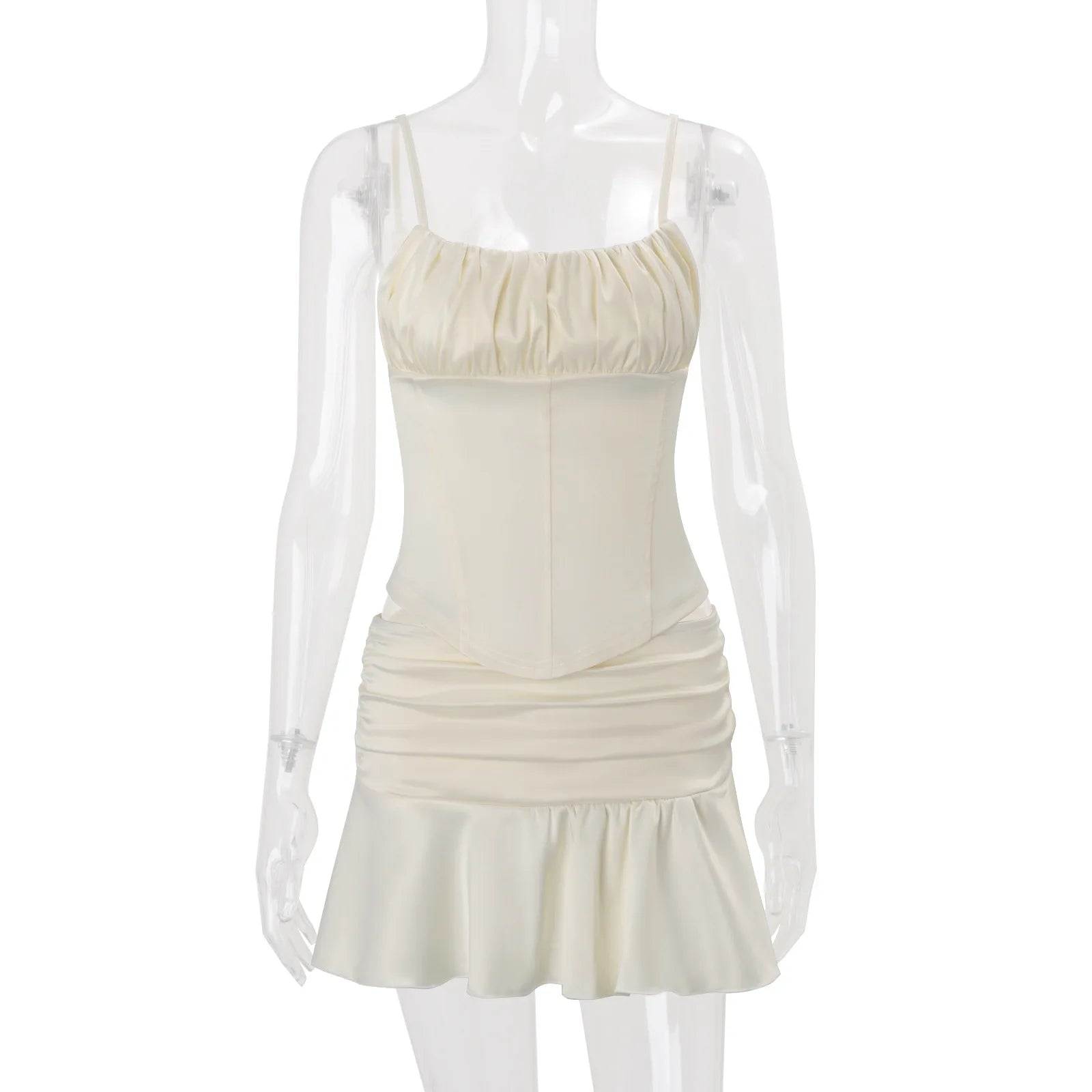Elegant Women's Matching Sets Two Piece Outfits 2 Pieces Set For Woman French Slim Top Skirts Ruffles Solid Color Straps Pleated
