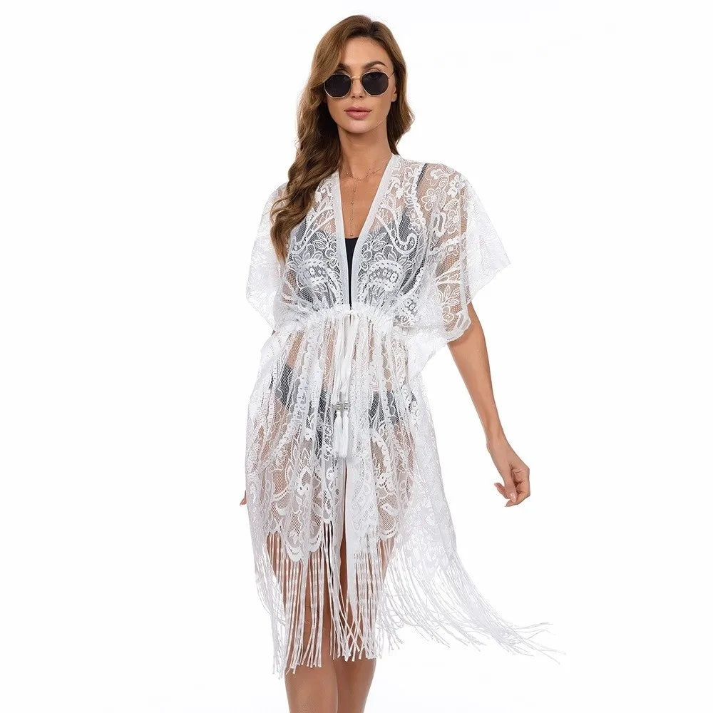 Fashion Lace Mesh Sunscreen Beach Cover Up Floral Tassel Bohemian Shawl Plus Size Transparent Swimsuit Cover Up Women