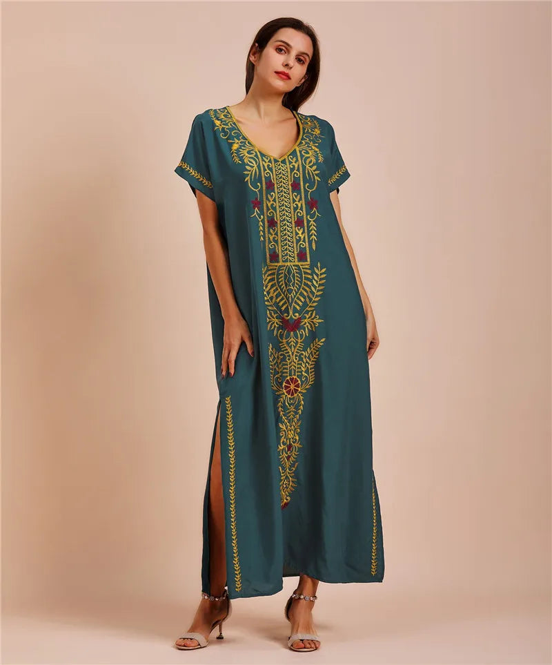 Swimsuit Cover Ups Embroidery V Neck Short Sleeve Swim Cover Up for Women Kaftan Dresses