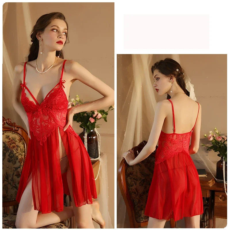 Sling Lingerie Set Women's Sexy Lace Mesh Patchwork Suspender Long Skirt T-back Nightdress Solid Color Deep V Nightwear Sets