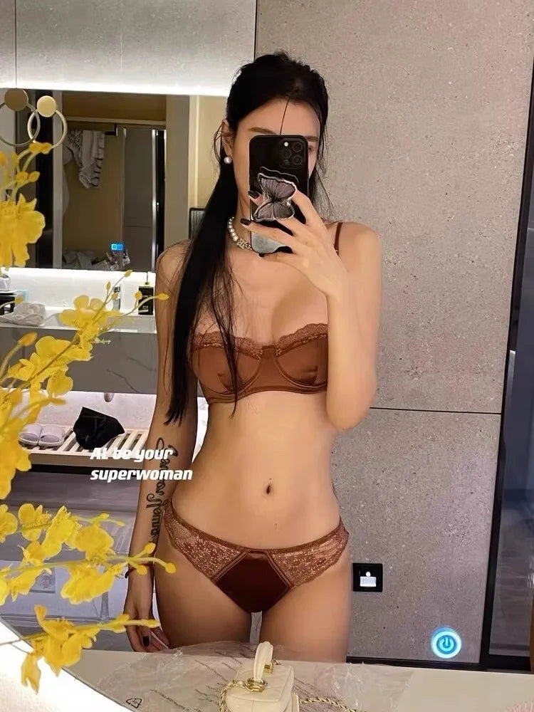 Sexy Lace Half Cup Thin Women's Bra Set Breast Enhancing Anti-Sagging Side Breast Collection Soft Steel Ring Nylon Fabric
