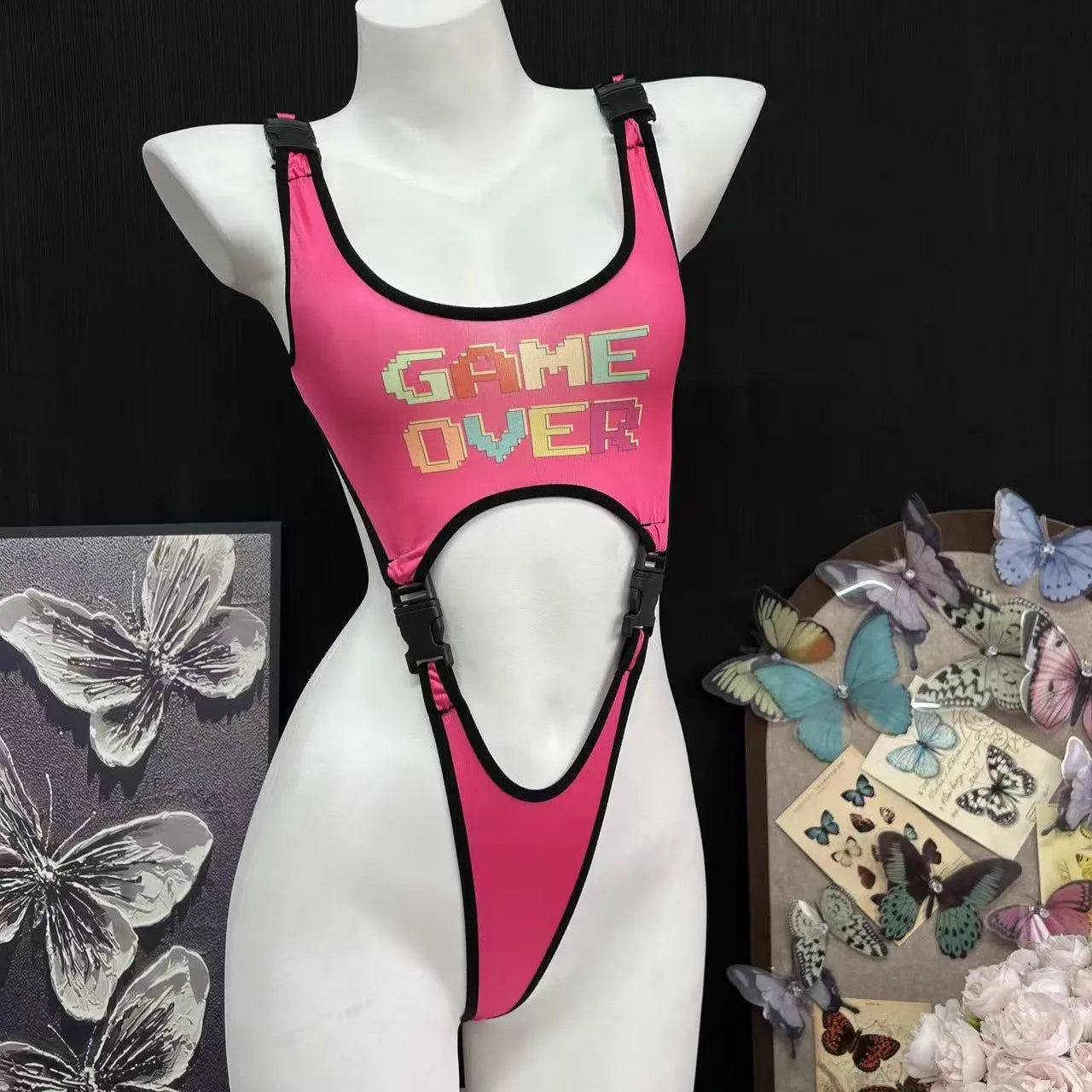 Sexy Lingerie Bodysuit Gaming Girl Sexy Sweet Girl Pure Desire Temptation High Elastic Print High-Cut Bikini Three-Point