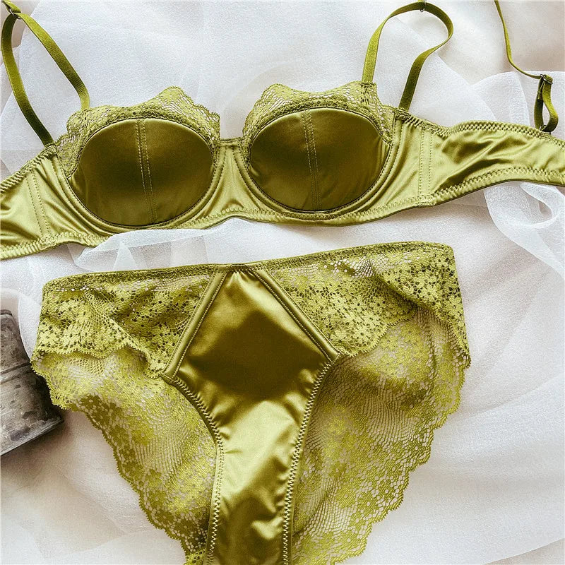 Elegant Sexy  Sheer Lace Balconette Minimizer Bra Set Underwire Push Up Anti-Sagging Side Support Bridal Lingerie for Big Bust