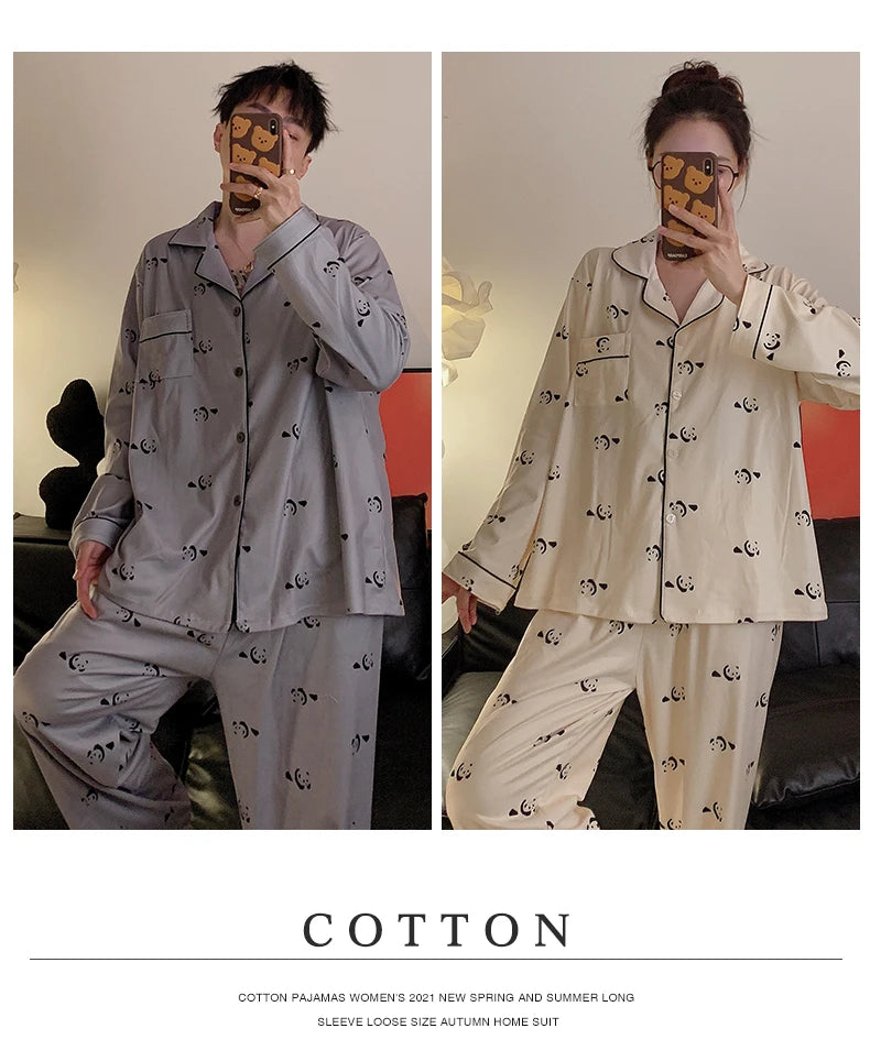 Pajamas Women Pajama Man Set Cotton Plus Size Spring Autumn Long-sleeved Korean Cardigan Casual V-neck Nightwear Couple Pyjamas