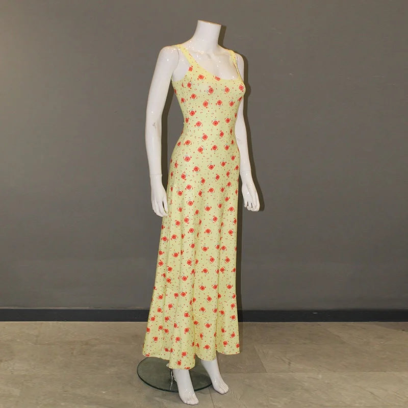 Women Slip Slim  Dress  Lady Elegant  Floral Yellow Long Dress Female Fashion Sexy Beach Vacation Dress
