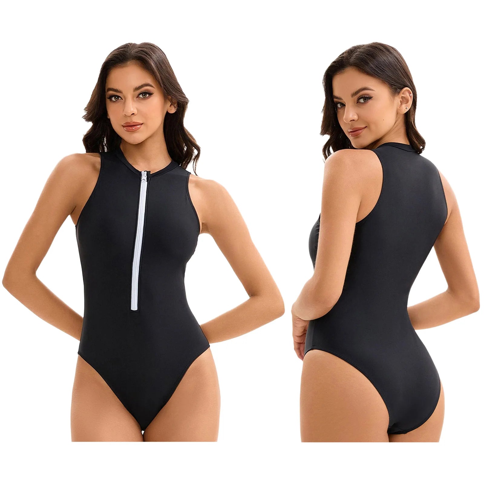 Womens One-piece Athletic Wetsuit Swimsuit Sports Swimwear Swim Costume Solid-color Zipper Closure Beach Swimming Bathing Suit
