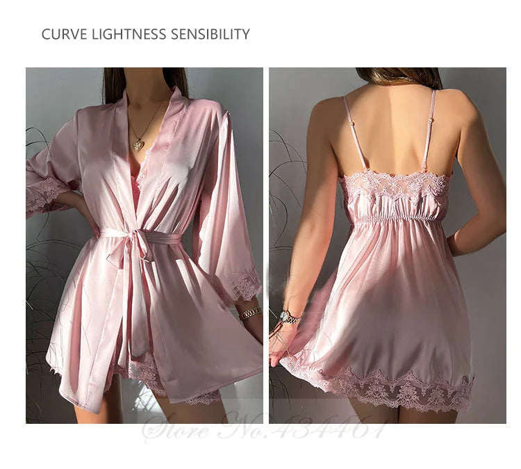 Sexy Lace Twinset Robe Set Nightgown Silky Satin Home Dress Lounge Wear Summer Female Sleepwear Kimono Bathrobe Gown Lingerie