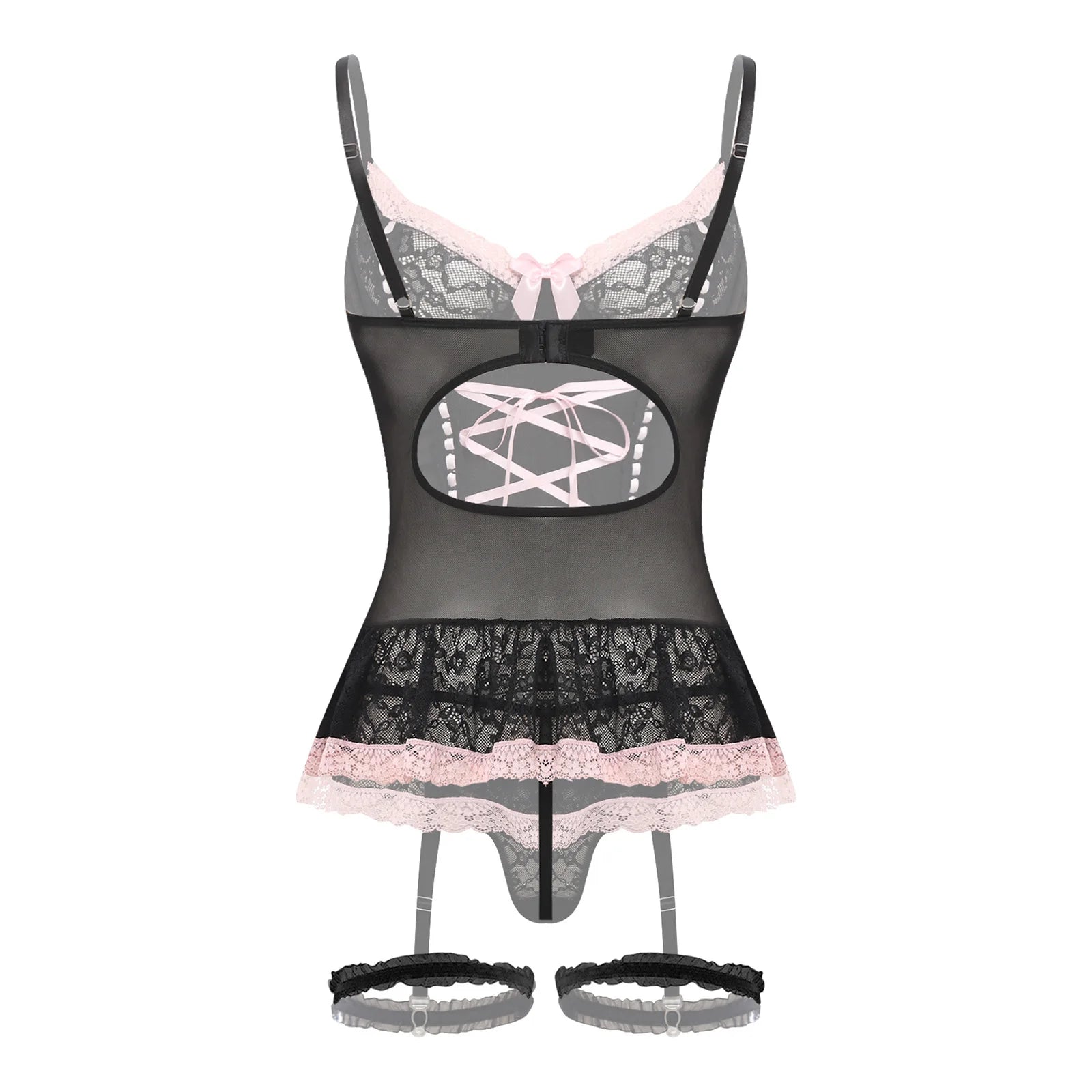 Womens Lingerie Bra And Panty Garter Set Floral Lace Bowknot Lace-up See-through Dress Top with G-string Garters And Thigh Loops