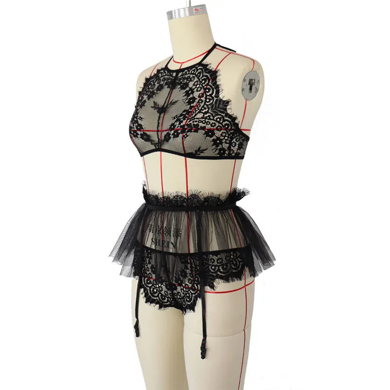 Sexy Lace Lingerie Sets See Through Erotic Bra Panties Garters Underwear Flirting Costumes Clothes Sex Outfits for Women