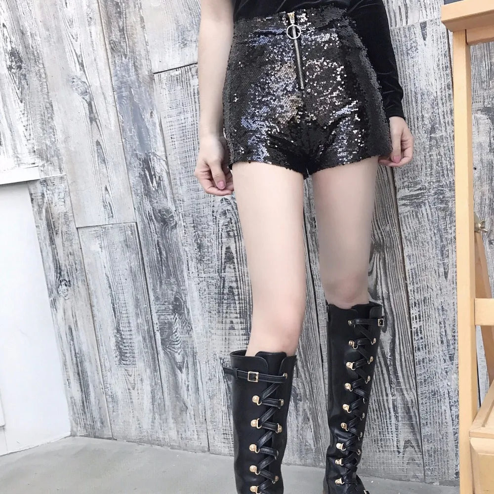 Sexy Women Sequin Shorts Summer High Waist O-Ring Zip Bodycon Shorts Feminino Skinny Party Club Festival Raves Pole Dance Shorts