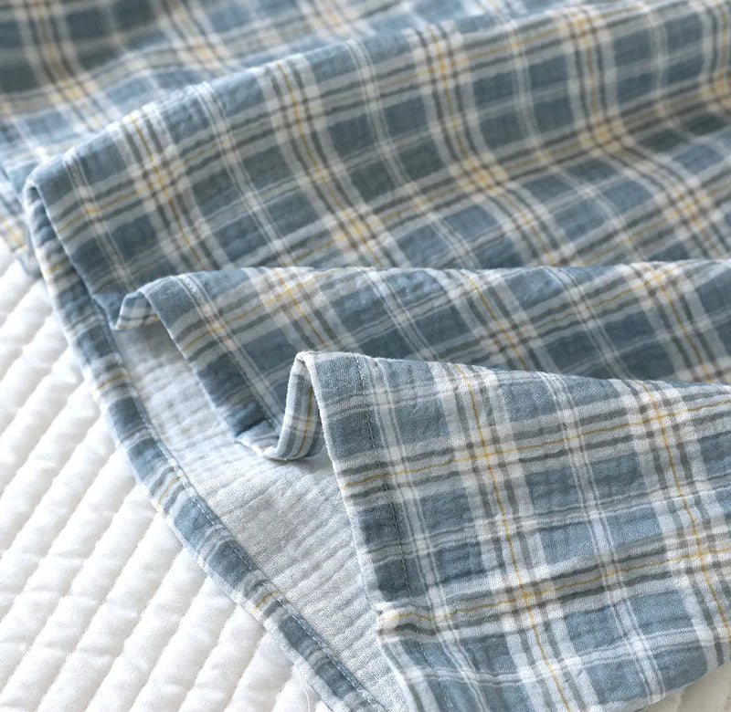 Men's 2-Piece Pajama Set - Japanese Plaid Sleepwear, Cotton Gauze Short Sleeve & Shorts, Lightweight & Breathable Relaxed Fit, S