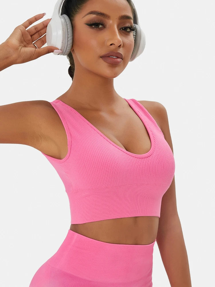 Sports Yoga Women's Bra Ribbed Shockproof Fitness Workout Bralette Sexy Elastic Backless Underwear Push-Up Bra Sportswear Tops