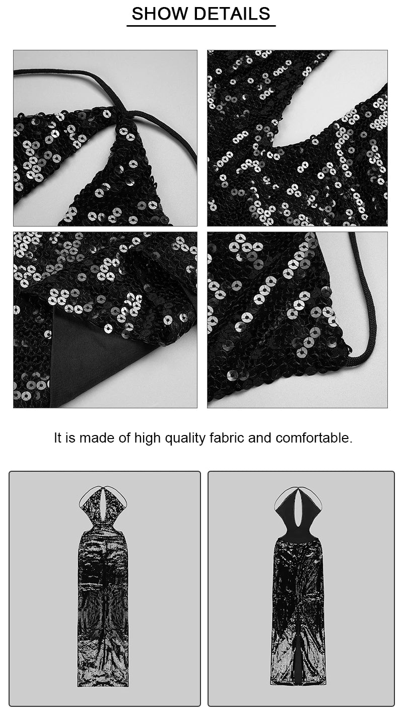 Sexy Sequin Halter Black Long Dress with Deep Plunge Cut-out – Summer New Backless Club Nights DJ Party Birthday Evening Dresses
