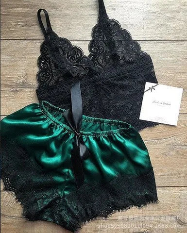 Mengya Women Lace Satin Two Piece Lingerie Set Spaghetti Strap Camisole Silky Lace Trim Shorts Nightwear European American Style