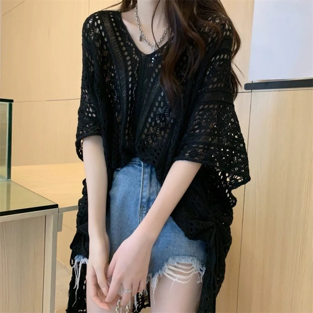 Leisure Oversized Hollow Out Swimsuit Cover Up V-neck Loose Knitted Bikini Cover Up Bohemian Style Mesh Beach Wear Summer