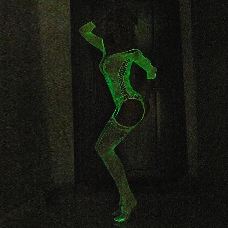 Erotic Miniskirt Tight Bodysuit Costumes Sexy Mesh Babydoll Dress Luminous Crotchless Bodystocking For Transparent Lingerie Set