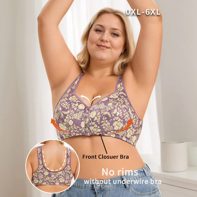 plus Size Front Closure Wireless Floral Print Bra Full Coverage Comfortable Support Bralette for Women Wide Band Everyday Wear