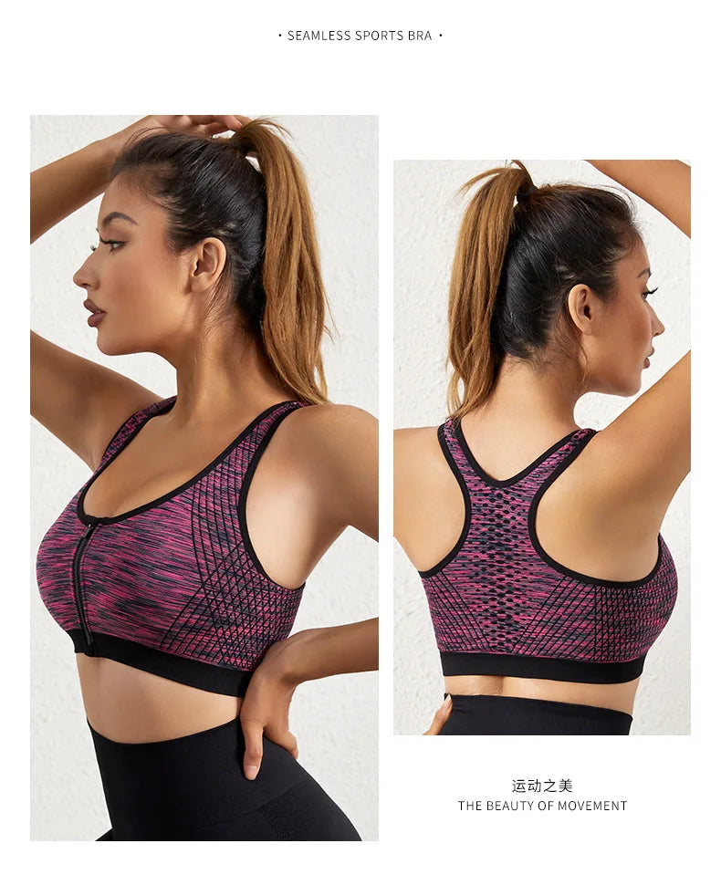 Women Sports Bra Front Zipper Sports Bra Breathable Shock-proof Underwear High Impact Yoga Bra Running Fitness Workout Tank Tops