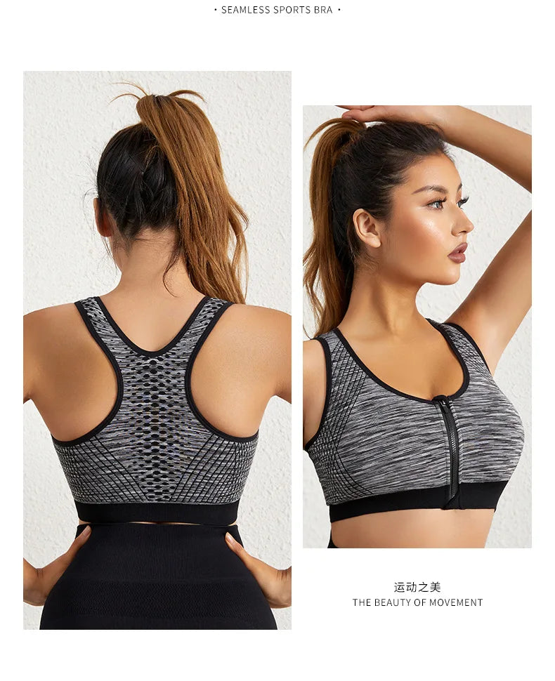 Women Sports Bra Front Zipper Sports Bra Breathable Shock-proof Underwear High Impact Yoga Bra Running Fitness Workout Tank Tops
