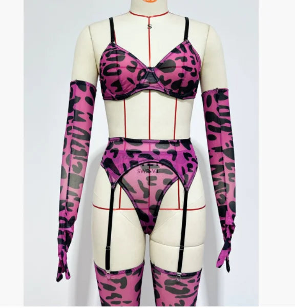 5 Pieces Lingerie Set Women Nightwear tie-dye Printed Halloween Underwear Bras Panties Golves Stocking Erotic Laungerie Set