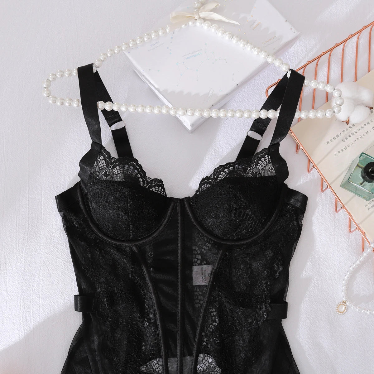 Ellolace Willowy Women's Lingerie Sets Tempted Corset Dress Thong 2PC Stiff See Through Lace Mini Body Premium Women's Underwear