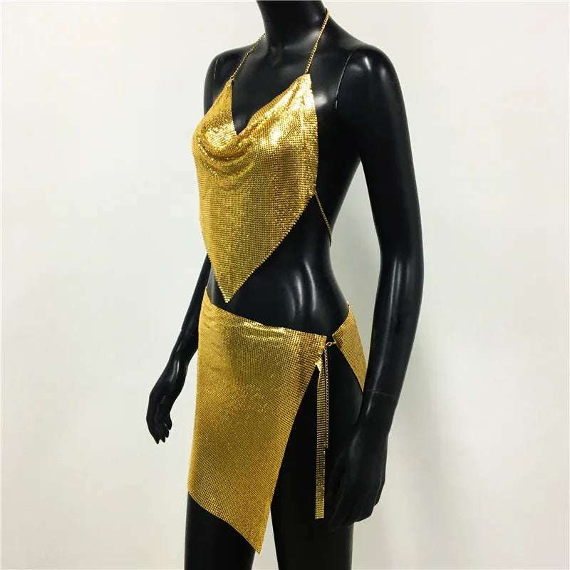 Sexy Metal Sequins 2 Piece Set Women Sleeveless Deep V Neck Backless Halter Tank Tops Split Mini Skirts Beach Party Outfits