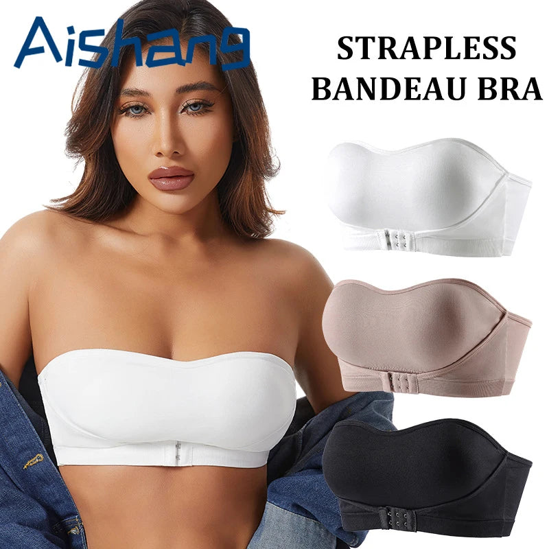 Daily Strapless and Wireless Women's Front Button Bra, Seamless Chest pad Comfortable Push-up Trendy Solid Color Lingerie