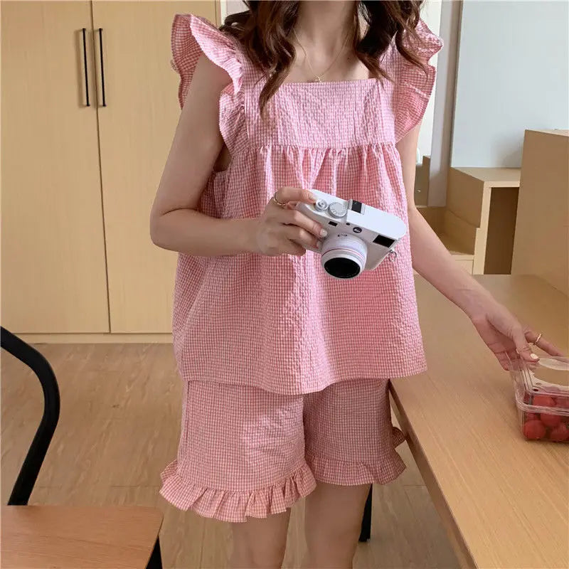 Pajama Sets Women Chic Square Collar Sweet Sleeveless All-match Home Plaid Cozy Sleepwear Korean Style Casual Summer Loose New