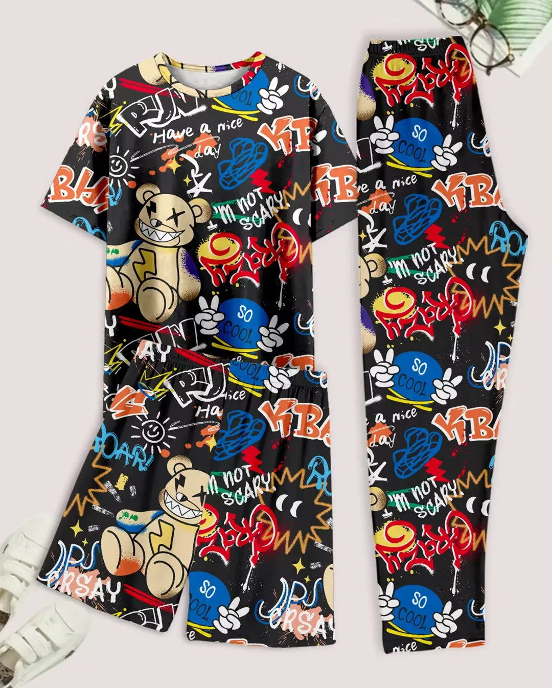 Men's casual pajama set of 3 pieces, bear-print short-sleeved T-shirt, shorts, and pants, comfortable summer clothing