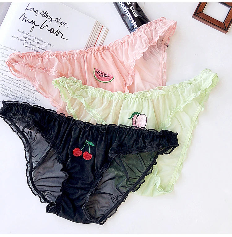 Women Sexy Lace Lingerie Temptation Low-waist Panties Fruit Ins Embroidery Transparent Briefs Seamless Sweet Underwear