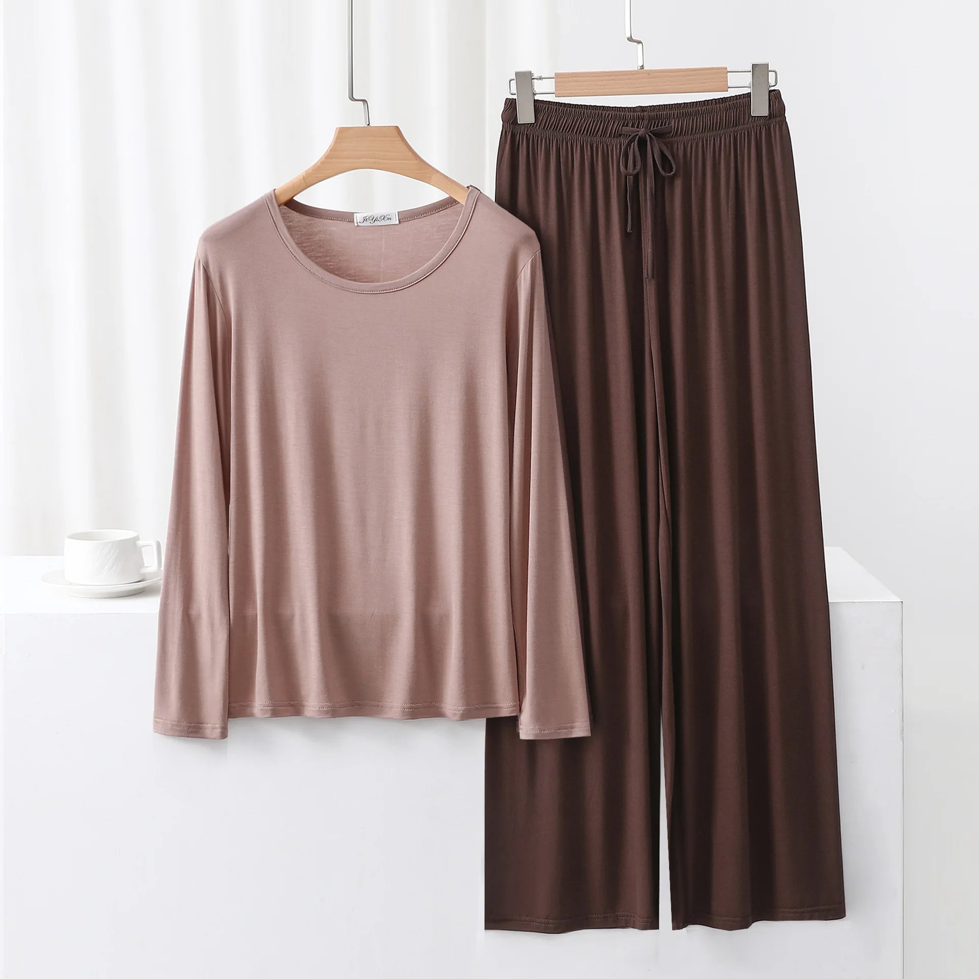 Modal Pajama Sets 2 Piece O-Neck Long sleeved Tshirt and Wide Leg Pant Ankle Length Loose sleepwear set Comfort homewear suits