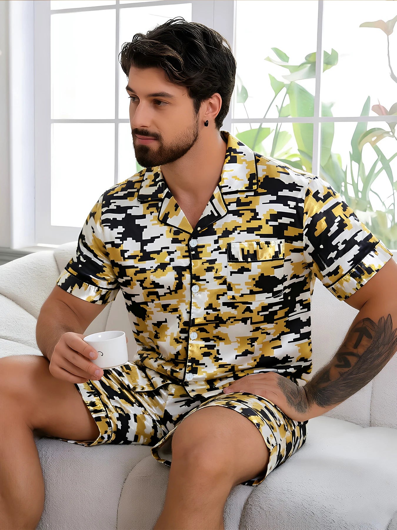 Men's Pj Sets Design Short Sleeve Pajama Set Soft Comfortable Sleepwear for Summer Lightweight Homewear Lougewear