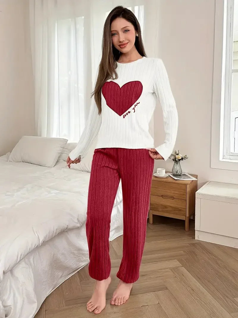 Pajamas Set Women Casual Fleece-Lined Round Neck Long Sleeve Tops and Trouses Sets Autumn Winter Warm Homewear Loungewear