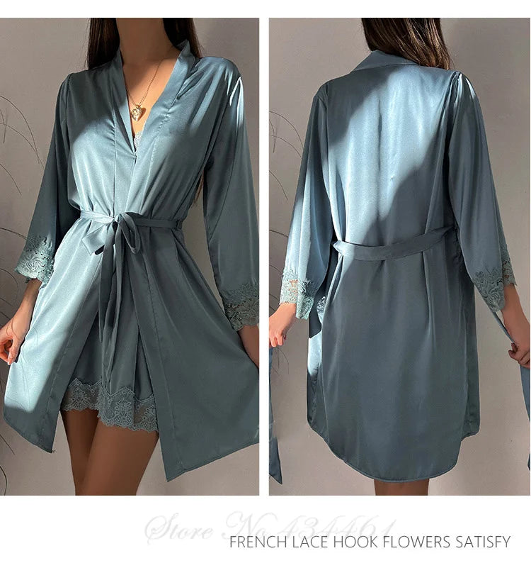 Sexy Lace Twinset Robe Set Nightgown Silky Satin Home Dress Lounge Wear Summer Female Sleepwear Kimono Bathrobe Gown Lingerie