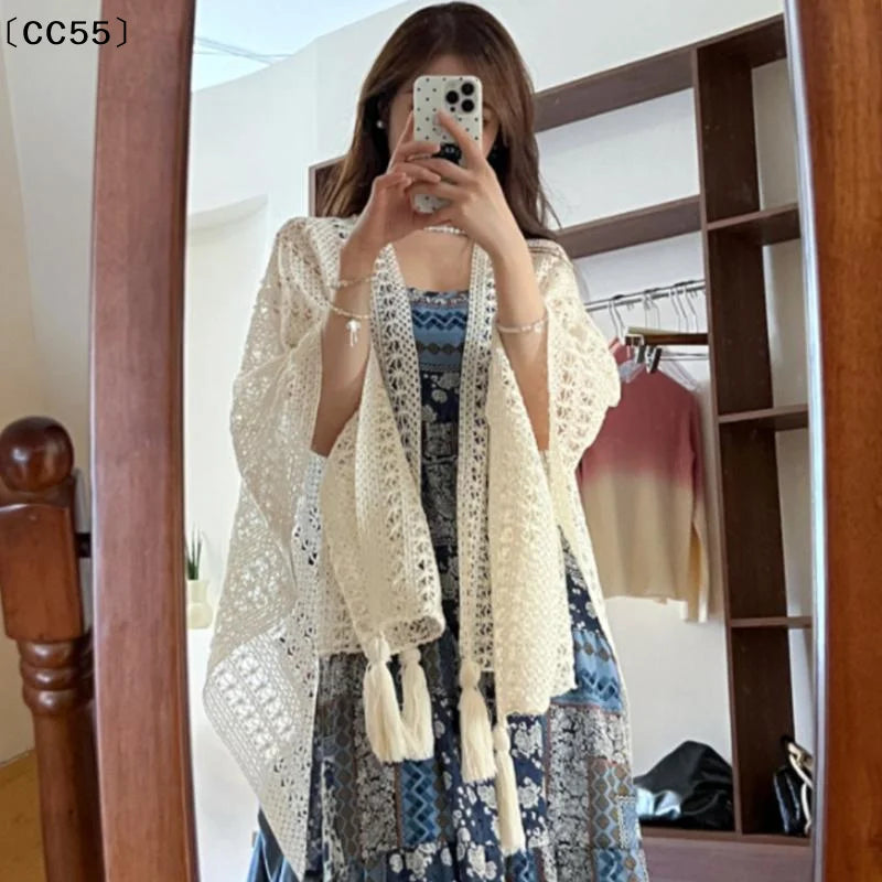 Summer Mesh Lace Women Cover-Up With Tassels Elegant Beach Open-Front Sun Protection Shawl〔CC55〕