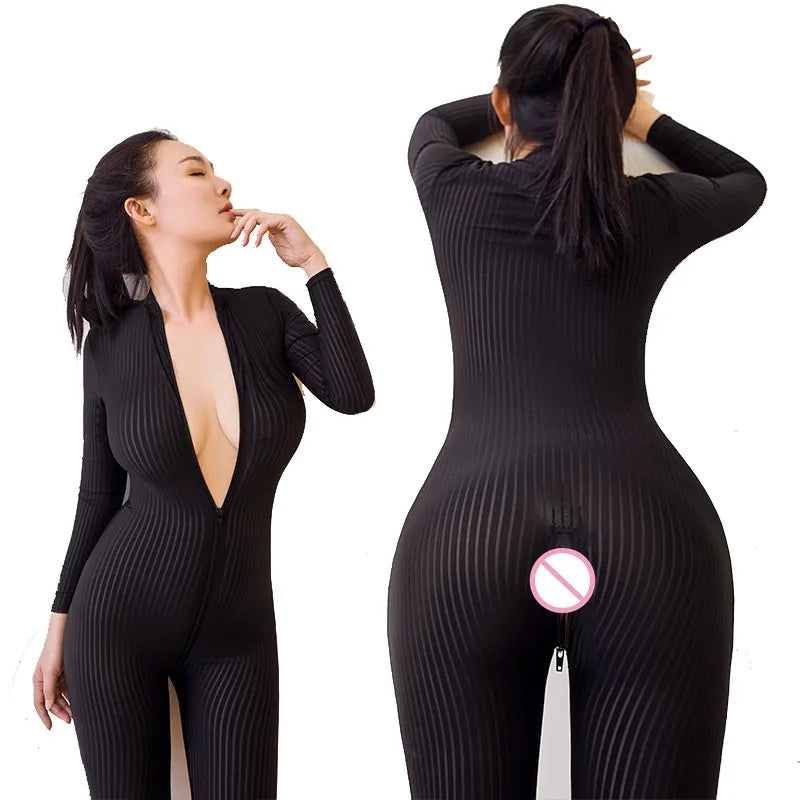 Erotic Women Lingerie Playsuit Sexy Lingerie Open Crotch Zipper Jumpsuit Romper Night Club Bodysuit Sex Products Body Stockings