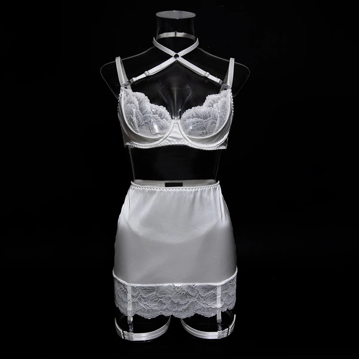 4 Pieces Sexy Lingerie Sets Women Hot Halter Lace Bra and Panty Garters Mini Skirt Set Sissy Erotic Costumes Romantic Underwear